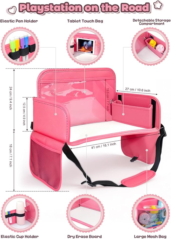 Leather Kids Travel Tray for Car - Car Seat Tray for Kids Travel, Road Trip Essentials, Carseat Table for Roadtrip Activities - Must Have Toddler Lap Desk Organizer for Airplane (Pink)