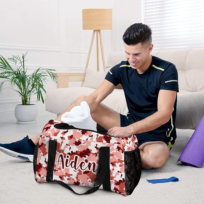 Personalized Sports Duffle Bags for Training, Red Camouflage Maroon Camo White Travel Bags with Adjustable Shoulder Strap, Custom Name Birthday Holiday Gift