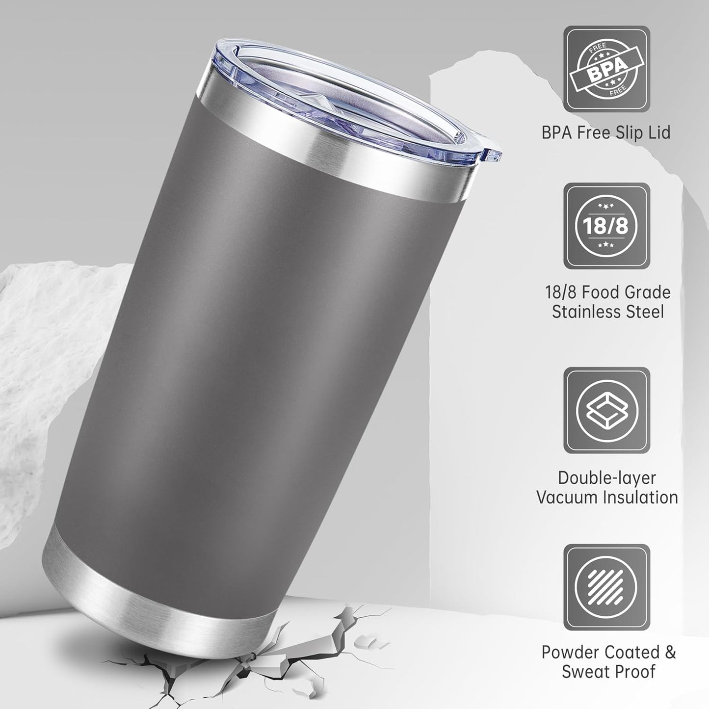 20 oz Tumblers Bulk Stainless Steel Tumbler with Lid Double Wall Vacuum Insulated Coffee Mug 20oz Powder Coated Cup for Hot and Cold Drinks, Gray, 12 pack