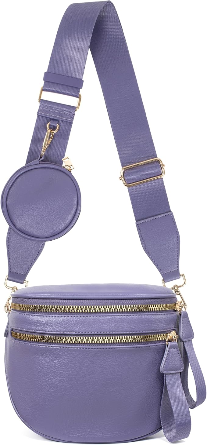 Valentoria Large Leather Crossbody Bags for Women Bum Bag Sling Bag Purse With Adjustable Strap Detachable Wallets (Cloudy Purple)