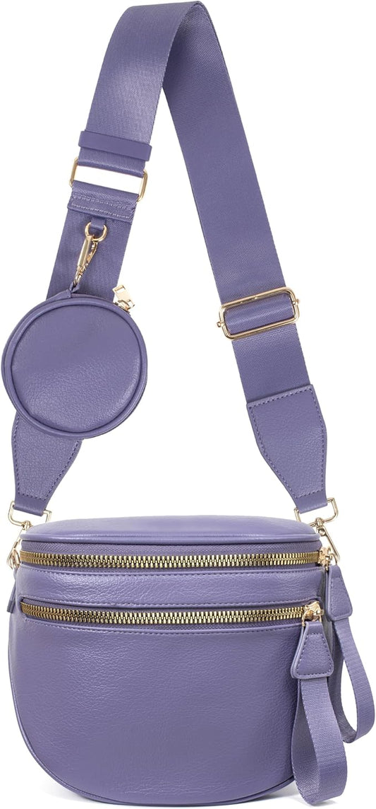 Valentoria Large Leather Crossbody Bags for Women Bum Bag Sling Bag Purse With Adjustable Strap Detachable Wallets (Cloudy Purple)
