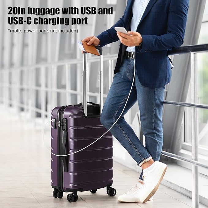 Coolife Luggage Suitcase Carry-on Spinner TSA Lock USB Port Expandable (only 28’’) Lightweight Hardside Luggage (Purple, S(20in_carry on))