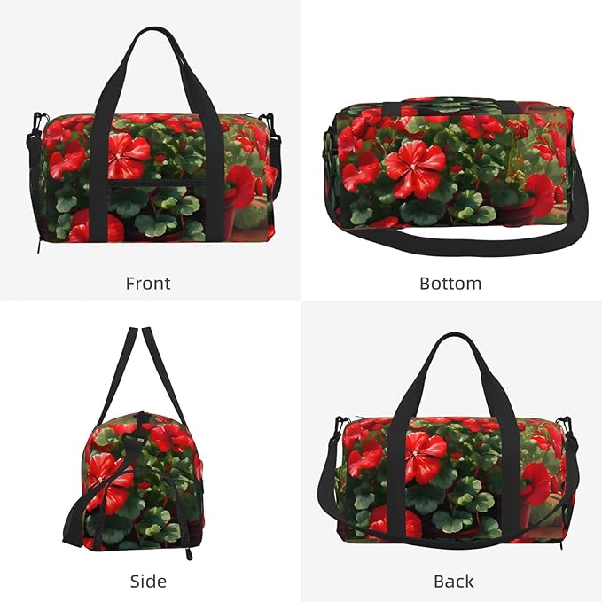 Red geraniums Print Gym Bag with Shoe Compartment for Women Men, 17.7in Sports Duffle Weekender Tote, Overnight Travel Duffel Bag Carry On