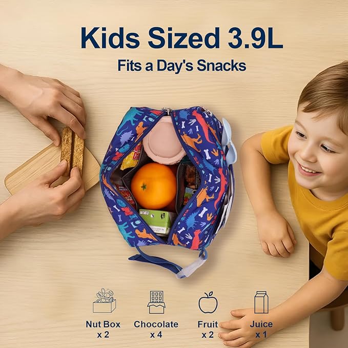 Bagseri Kids Snack Bag Boys - Small Reusable Mini Cooler Pouch, Insulated 3.9L Food Carrier with Buckle Handle for School and Daycare, Fits in Backpack, Blue Dinosaur