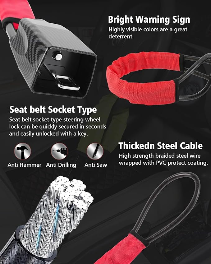 Upgraded car Steering Wheel Lock, seat Belt Lock and Anti-Theft Device, Water Transfer Printing Process, 3 Keys, Multi-Functional, Suitable for Most Vehicles, SUVs and Golf cart Security (red).