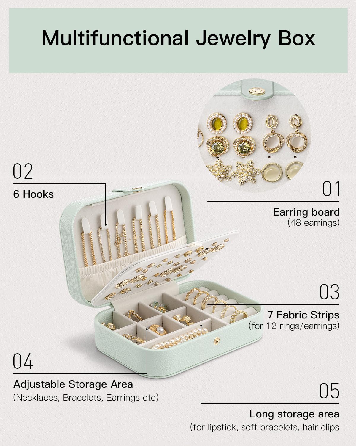 Vlando Travel Jewelry Case for Women Girls Mothers, PU Leather Portable Small Jewelry Box for Rings, Necklaces, Bracelets, Earring Holder Organizer Storage for Travel, Bridesmaid Gifts - Mint Green