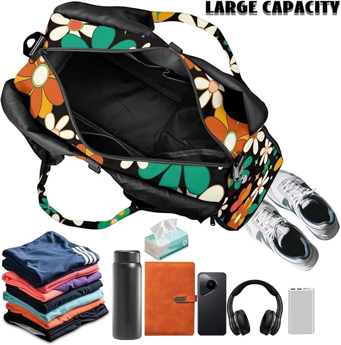 Hippie Flower Gym Bag with Shoe Compartment and Yoga Mat Holder, Waterproof Floral Duffel Bag with Pockets Black Workout Bag for Men Fitness Workout Sports Bag