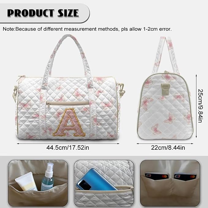 COEQINE Quilted Duffel Bag Pink Floral Initial Name A-Z Personal Item Travel Bag for Women Purses Quilted Tote Bag For Woman With Zipper and Trolley Sleeve