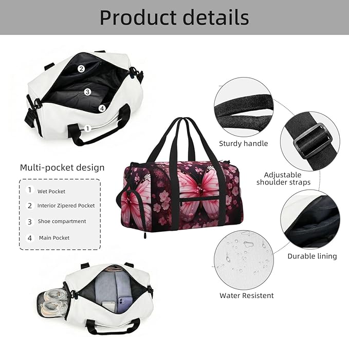 Sports Gym Bag Pink Cherry Blossom Floral Butterfly Travel Duffel Bag With Shoe Compartment Shoulder Strap, Lightweight Water-Resistant Weekend Overnight Totes For Women Men