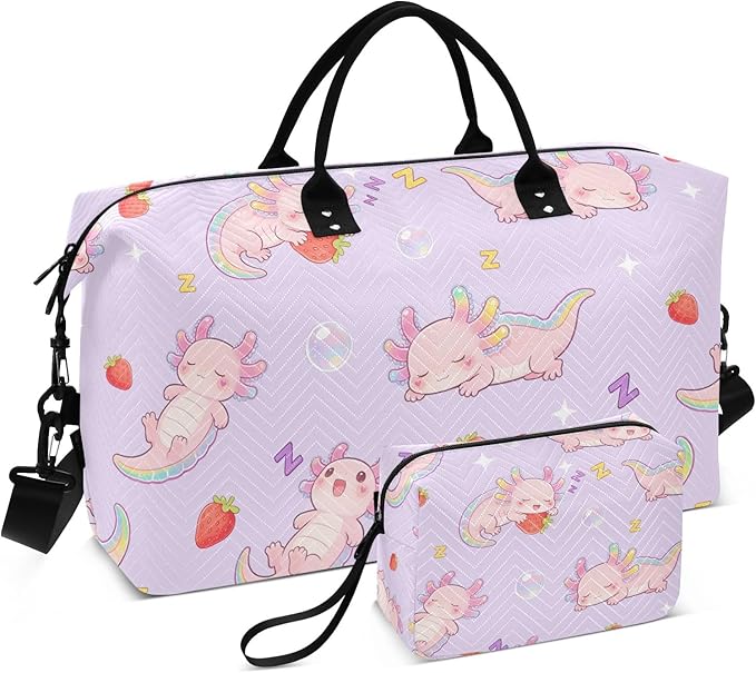 Travel Duffle Bag, Good Night Strawberry Axolotl Gym Bag with Storage Bag Weekender Overnight Bag for Men Women Trip Sports Yoga