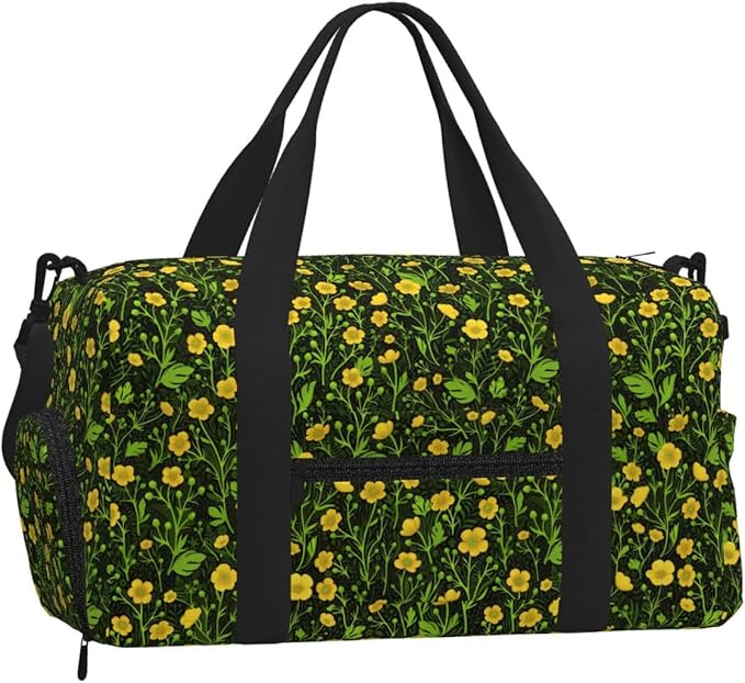 Buttercups On Black Women'S Gym Duffle Bag With Shoes Compartment, Ideal For Travel, Gym, Sports, Duffel, Weekender