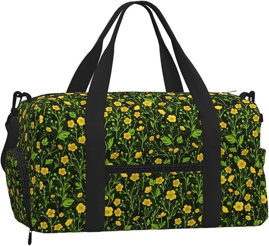 Buttercups On Black Women'S Gym Duffle Bag With Shoes Compartment, Ideal For Travel, Gym, Sports, Duffel, Weekender