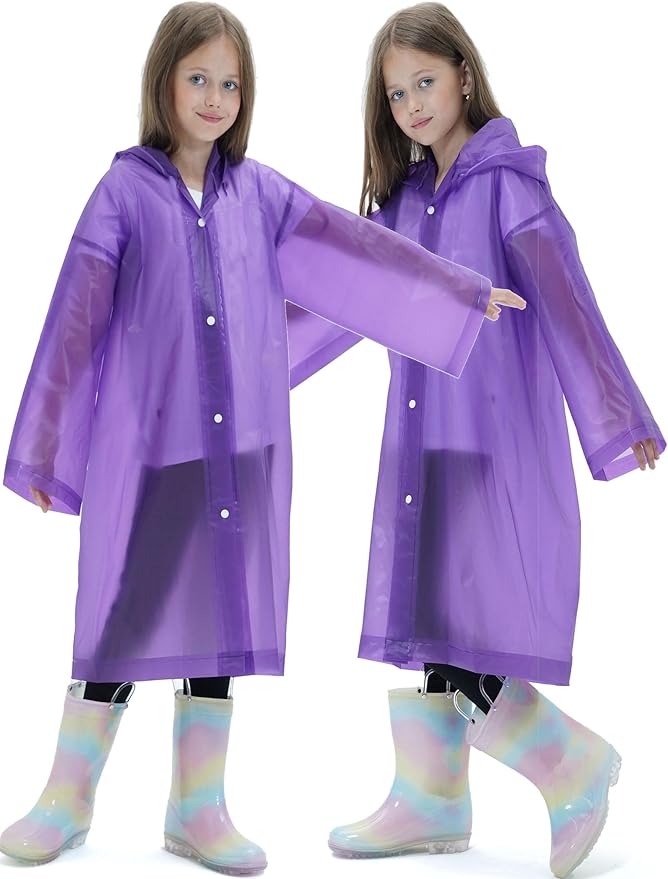 2 Pack Raincoats for Kids, Reusable Rain Ponchos with Hood and Sleeves Rain Coats for Boys and Girls