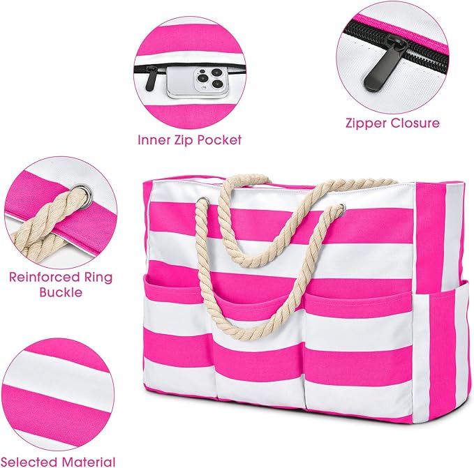 Becokan Beach Bags for Women Canvas Large Beach Tote Bag Zipper Waterproof Sandproof Foldable Swim Pool Bag with 7 Pockets