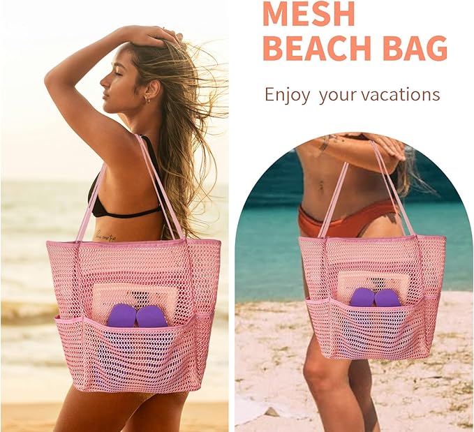 Mesh Beach Tote Bags for Women Sandproof Large Shoulder Pool Swimming Bag Summer Vacation Essentials Inner Pocket