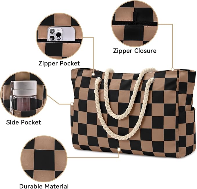 Becokan Beach Bags for Women Checkered Large Beach Tote Bag Zipper Beach Bags Waterproof Sandproof Canvas Swim Pool Bag