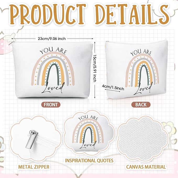 20 Pcs Employee Appreciation Gifts For Women Inspirational Canvas Makeup Bags Portable Compact Mirror Bulk Cosmetic Bags Thank You Gifts for Social Worker Coworkers (Rainbow,Warm)