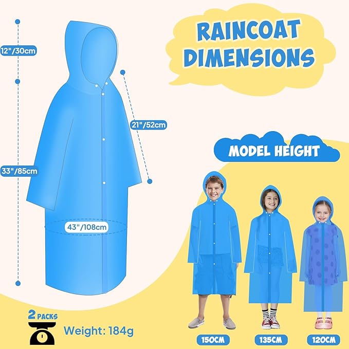 ANYOO Kids Rain Poncho with Hood Lightweight Emergency Raincoat Reusable Boys and Girls Rain Jacket for Disney Travel Outdoor