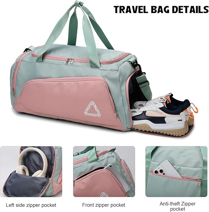 Eslcorri Gym Duffle Bag for Women Men, Sports Backpack with Wet & Shoe Compartment, Fitness Overnight Weekender Bag for Yoga, Swim, Travel (C, Pink)