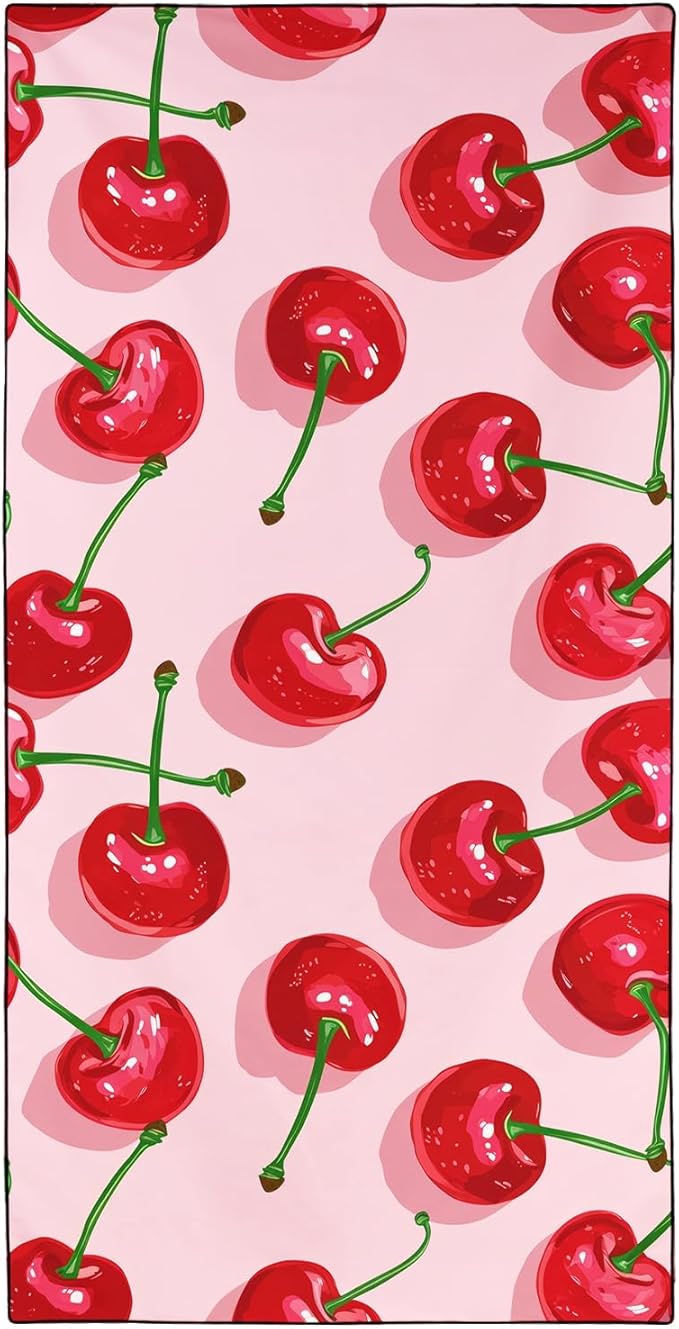 Cherry Pattern Beach Towel Extra Large 36" x 72", Thin Lightweight Microfiber Towels with Fruit Design, Sand Free and Quick Dry, Compact Bag