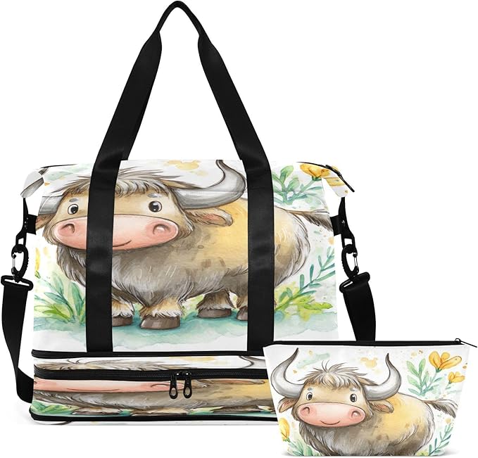 Travel Duffel Bags for Women Cute Cartoon Yak with Wildflowers Sports Duffel Bags Gym Bags with Shoes Compartment Tote Bag Weekender Bag for Travelling