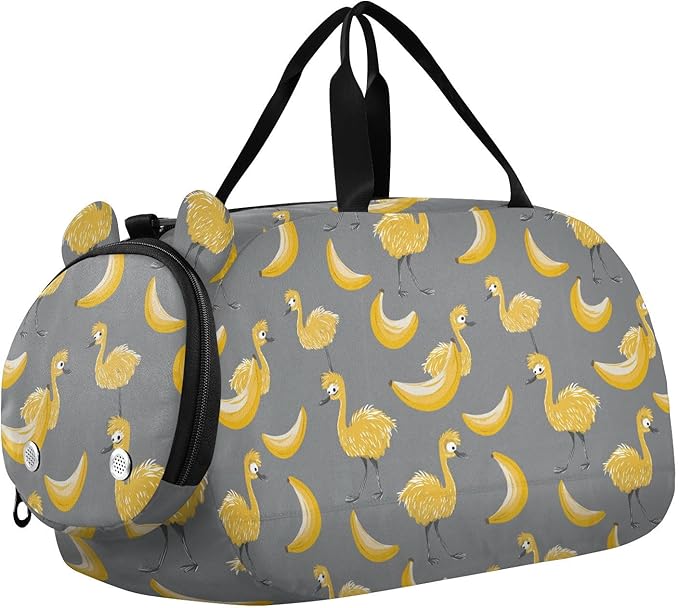 Childish Emu Bananas Yellow and Gray Girl's Gym Duffel Bag with Shoes Compartment Lightweight Gymnastics Sports Bag for Travel, Swimming, Dance, Ballet bolsa de viaje para mujer