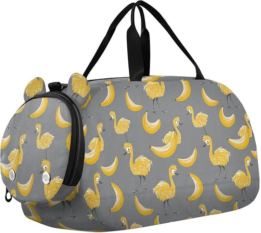 Childish Emu Bananas Yellow and Gray Girl's Gym Duffel Bag with Shoes Compartment Lightweight Gymnastics Sports Bag for Travel, Swimming, Dance, Ballet bolsa de viaje para mujer