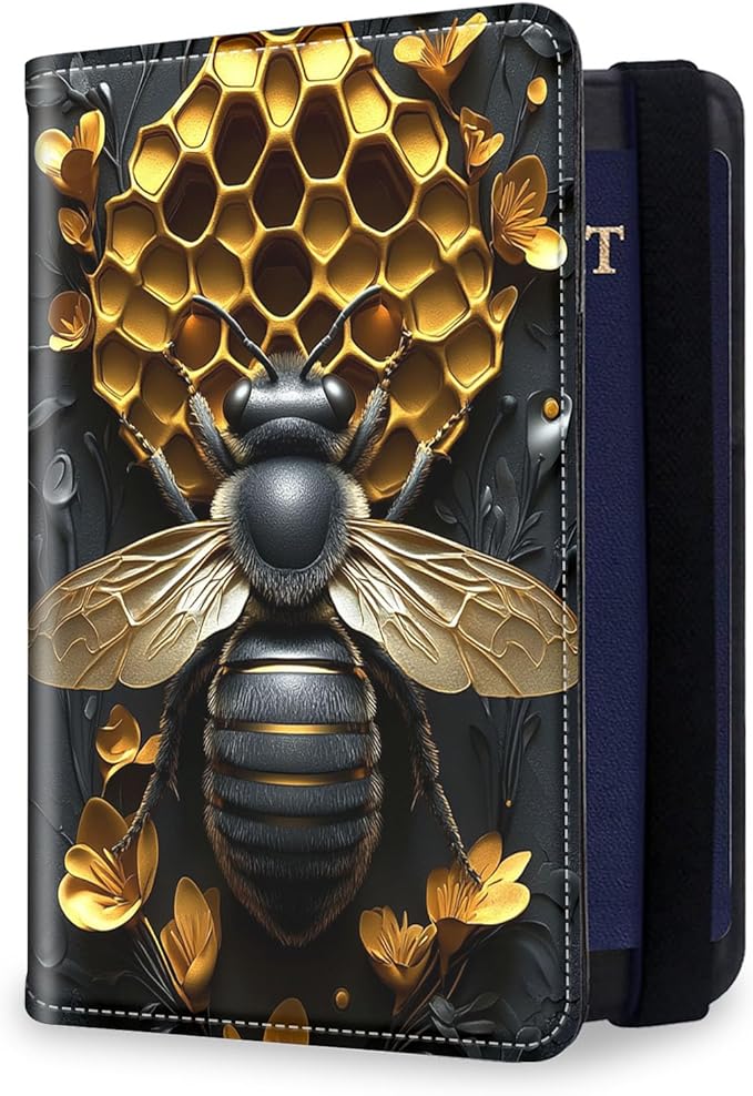 Passport Holder for Travel, RFID Blocking Passport Holder Travel Walle, Passport and Vaccine Card Holder, Vacation Must Haves Travel Accessories for Men Women, Golden Bee Hive