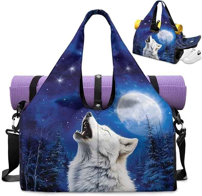 Large Capacity Wolf Gym Bag for Men with Shoe Compartment and Yoga Mats Holder Portable Blue Wolf Moon Duffel Bag with Zipper Pockets Workout Fitness Sports Tote Bag with Shoulder Strap