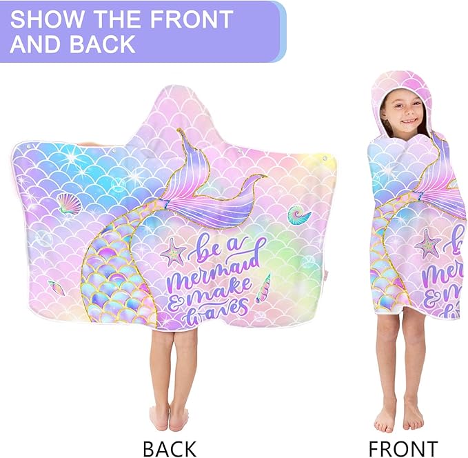 Bonsai Tree Mermaid Beach Towel, Mermaid Tail Towel for Girls with Hood, Kids Bath Hooded Poncho 30" x 50", Pink Scales Microfiber Absorbent Soft Bath Poncho Bathrobe for Swin Pool