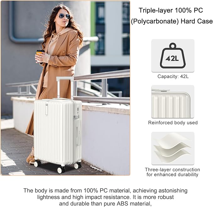 Carry On Luggage 22x14x9 Airline Approved, PC Lightweight luggage with Spinner Wheels, 20 Inch Hardside Carry-On luggage with TSA Lock Rolling suitcase for Women