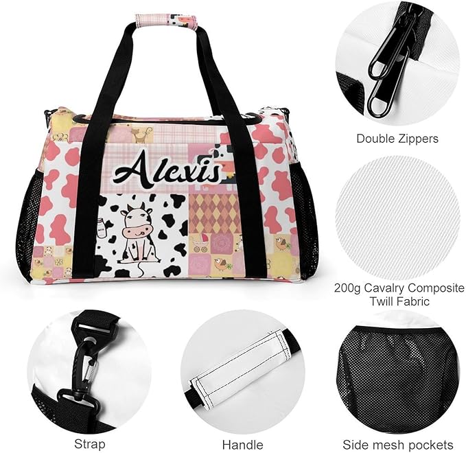 Custom Pink Red Plaid Patchwork Cow Duffel Bag with Name Adjustable Shoulder Strap Pack Handheld Crossbody Travel Bag for Teens Men Women
