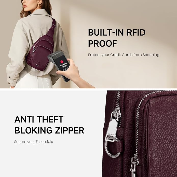 befen Anti Theft Genuine Leather Sling Bag for Women RFID Small Crossbody Bag Chest Bag Leather Fanny Packs for Travel