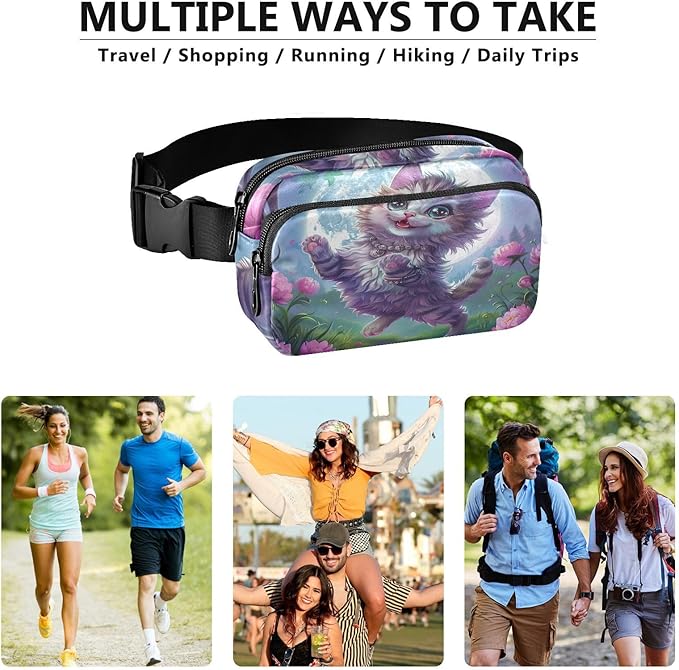 Cute Cat Flower Moonlight Fanny Pack for Women Men Water Resistant Fashion Waist Packs with Adjustable Strap Belt Bag for Travel Workout Jogging Hiking 21220557
