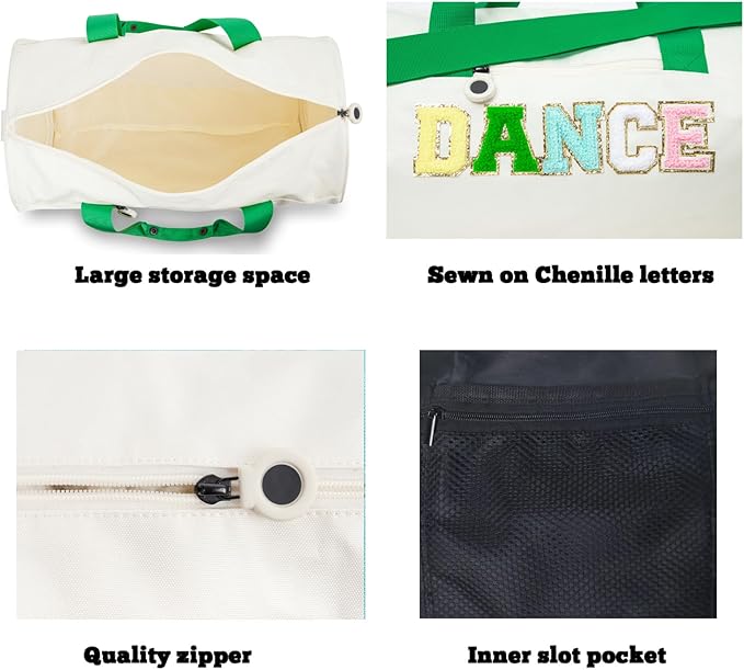 Dance Duffle Bag for Girls,Toddler Teens with Chenille Patches,Cute Ballet, Cheer, Gymnastics Class Bag for Kids, Toddler Girls,Teens,16.5"Lx9"Wx9"H Large Capacity Overnight Travel Bag (Green&Cream)