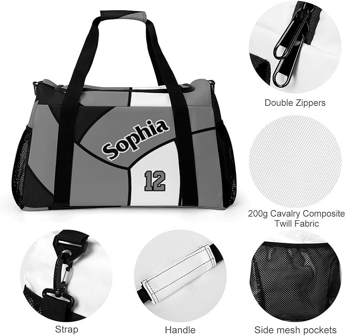 Custom Volleyball Black Grey Duffel Bag with Name Personalized Travel Bags Sport Gym Bag Carry On Weekender Bags for Men Women