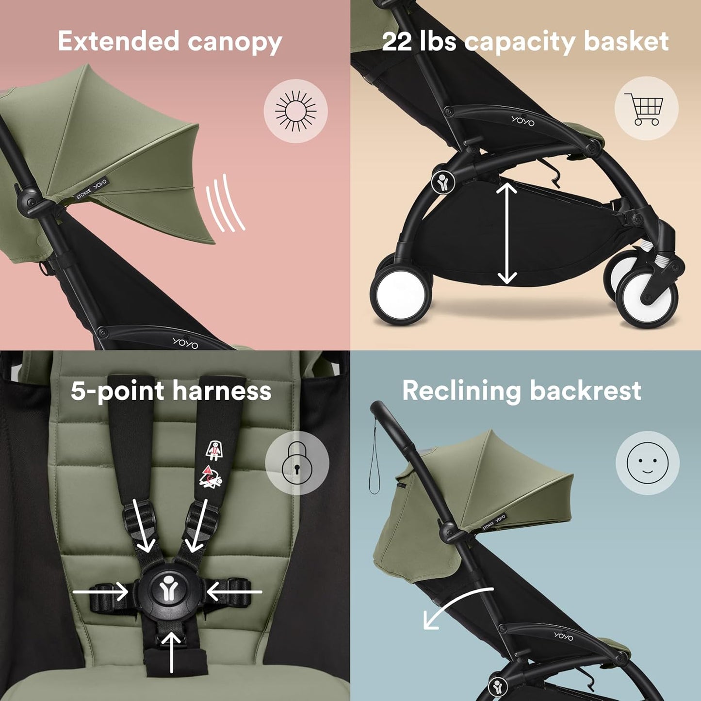 Stokke YOYO3 Stroller from 6 Months - Includes Black Frame/Olive Seat Cushion + Canopy - Folds in & Out in a Flash - Light & Compact - Carry-On Compatible