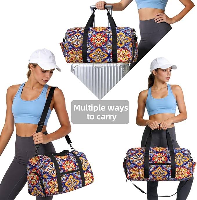 Sports Gym Bag Traditional Mexican Mandala Floral Travel Duffel Bag With Shoe Compartment Shoulder Strap, Lightweight Water-Resistant Weekend Overnight Totes For Women Men