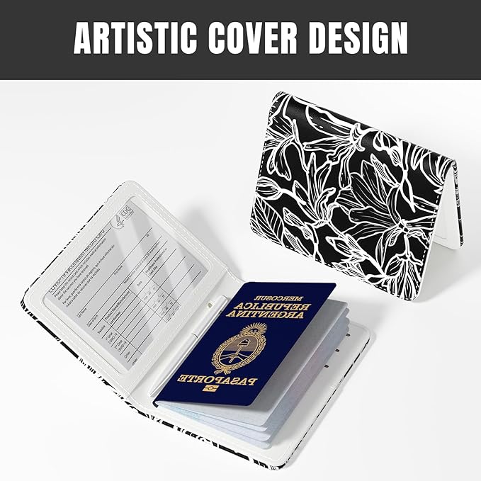 Rimilak Passport Holder, RFID Blocking Passport Cover Wallet Travel Essentials, Leather Travel Documents Organizer Protector for Women and Men, White Leaves