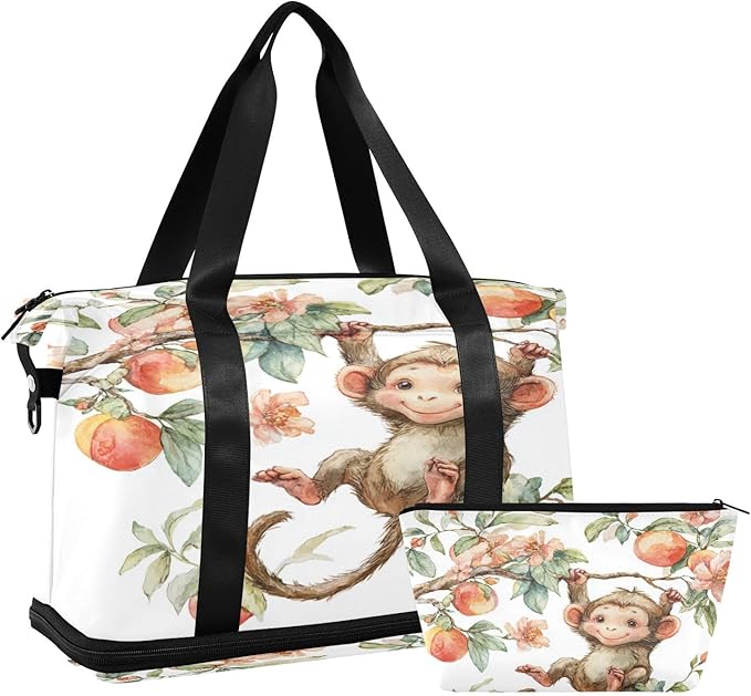 Travel Duffel Bags for Women Watercolor Monkey with Peach & Flower Sports Duffel Bags Gym Bags with Shoes Compartment Tote Bag Weekender Bag for Travelling