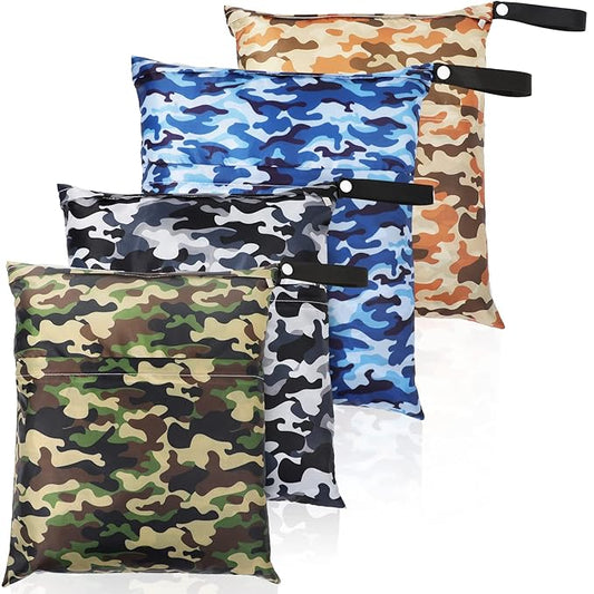 Frienda 4 Pieces Wet Dry Bag for Baby Waterproof Reusable Washable Diaper Bag Sealed with Handle for Travel, Beach, Swimsuit, Diapers, Dirty Gym Clothes and Toiletries (Camouflage)