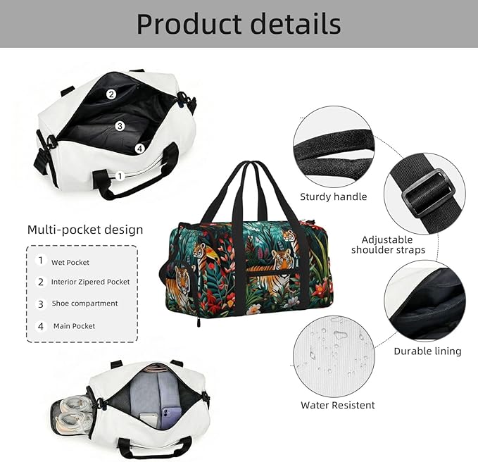 Sports Gym Bag Forest Animals Tiger Floral Travel Duffel Bag With Shoe Compartment Shoulder Strap, Lightweight Water-Resistant Weekend Overnight Totes For Women Men