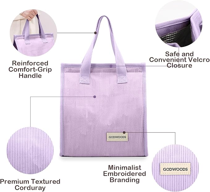TELLUMO Corduroy Lunch Bag for Women Men Cute Lunch Bag Insulated Lunch Box with Large Capacity (7.5L) Reusable Lunchbag for Work, Picnic, Beach or Travel (S- Corduroy Purple)