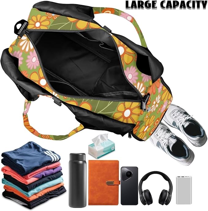 Floral Womens Gym Bag with Yoga Mat Holder and Shoe Compartment, Waterproof Portable Green Sport Tote Bag for Women with Spacious Wet Pockets Gym Bag for Daily Use
