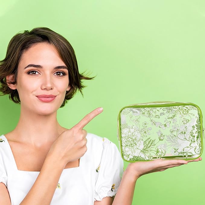Set of 10 Clear Floral Cosmetic Bags PVC Makeup Bags Waterproof Travel Organizer Toiletry Pouches for Wedding Birthday Baby Shower Party Ideal Gift for Women Nurse Bridesmaid(Sage Green)