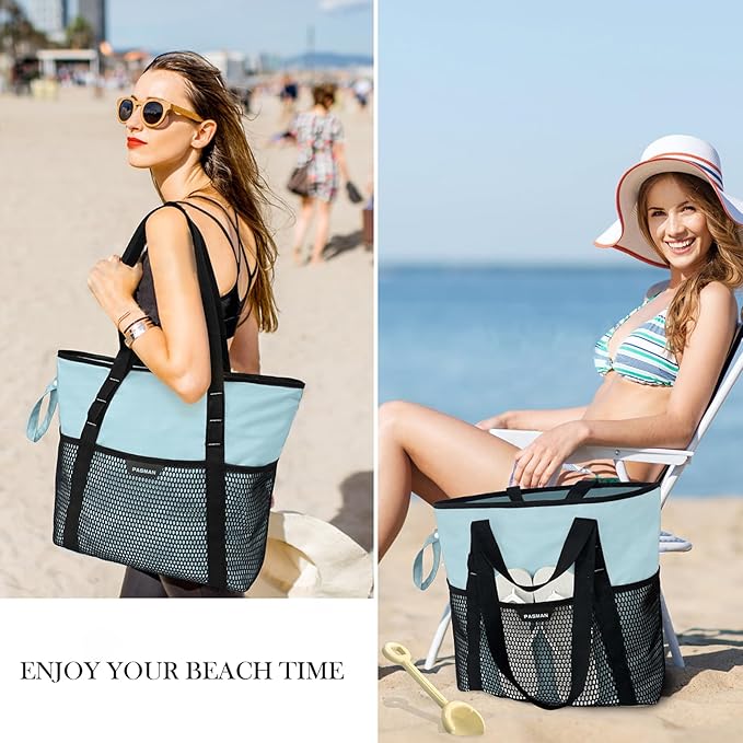 Large Beach Bag with Zipper-8 Pockets Sandproof Beach Tote Bag for Women,Foldable Lightweight Family Swim Bag Vacation
