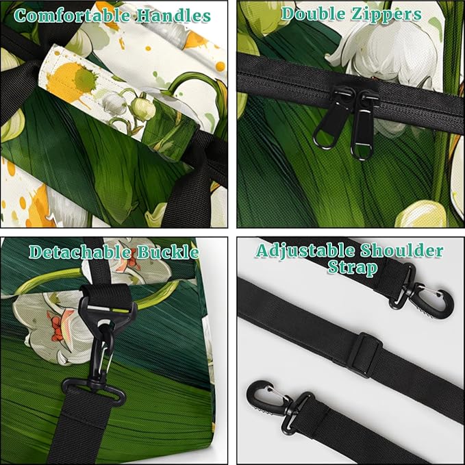 Lovely Lily of the Valley Gym Travel Duffle Bag for Women & Men with Front Zipper Pocket for Sports, Overnight, Weekender, Carry On,Workout & Dance Bag,Cute White,18.9 * 8.7 * 10.6 in