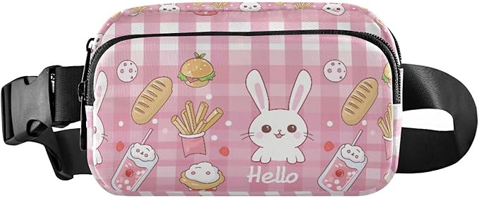 Kawaii Pink Checkered Bunny French Fries Fanny Pack for Women Men Water Resistant Fashion Waist Packs with Adjustable Strap Belt Bag for Travel Workout Jogging Hiking 21219119