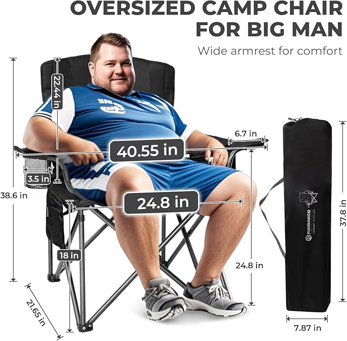 FUNDANGO Oversized Camping Chair for Adults, Heavy Duty Portable Foldable Lawn Chair with Padded Seat & Back, Lumbar Support, 4-can Cooler & Cup Holder, Carry Bag Included for Outdoor