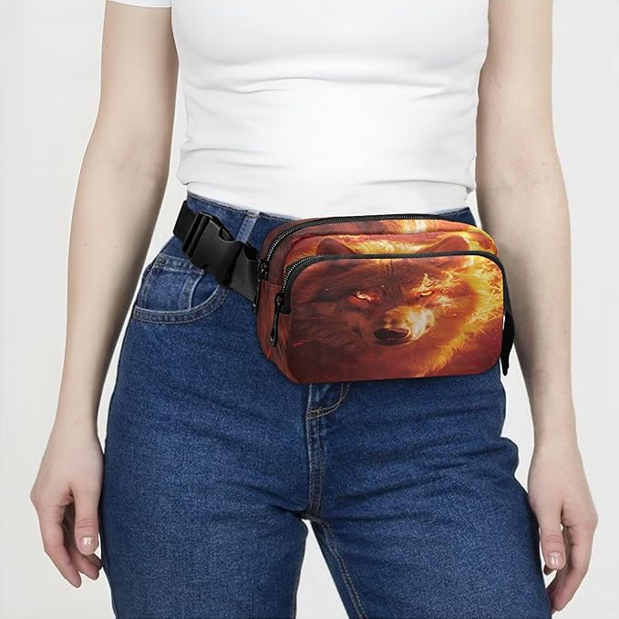 Fire Flame Wolf Head Fanny Pack for Women Men Water Resistant Fashion Waist Packs with Adjustable Strap Belt Bag for Travel Workout Jogging Hiking 21220174